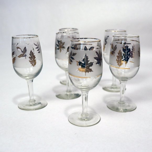 MCM 1970s Stemmed Cocktail Glasses  with Gold Leaves - Picture 1 of 4